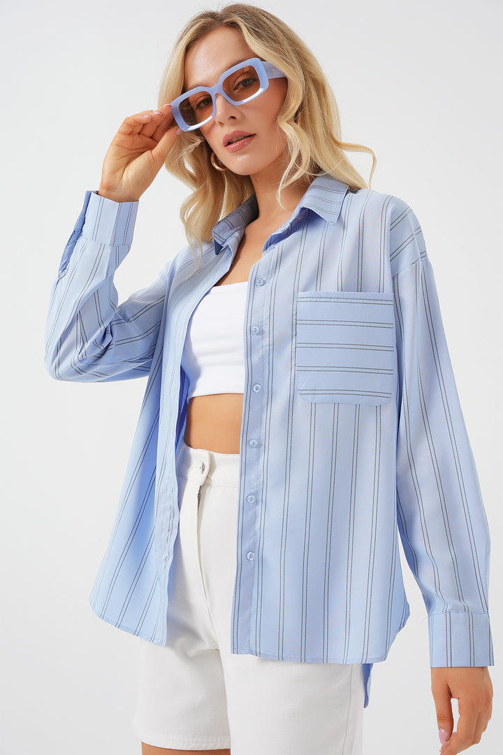 BGD Women Pocket Oversized Shirt - Blue - The Colony