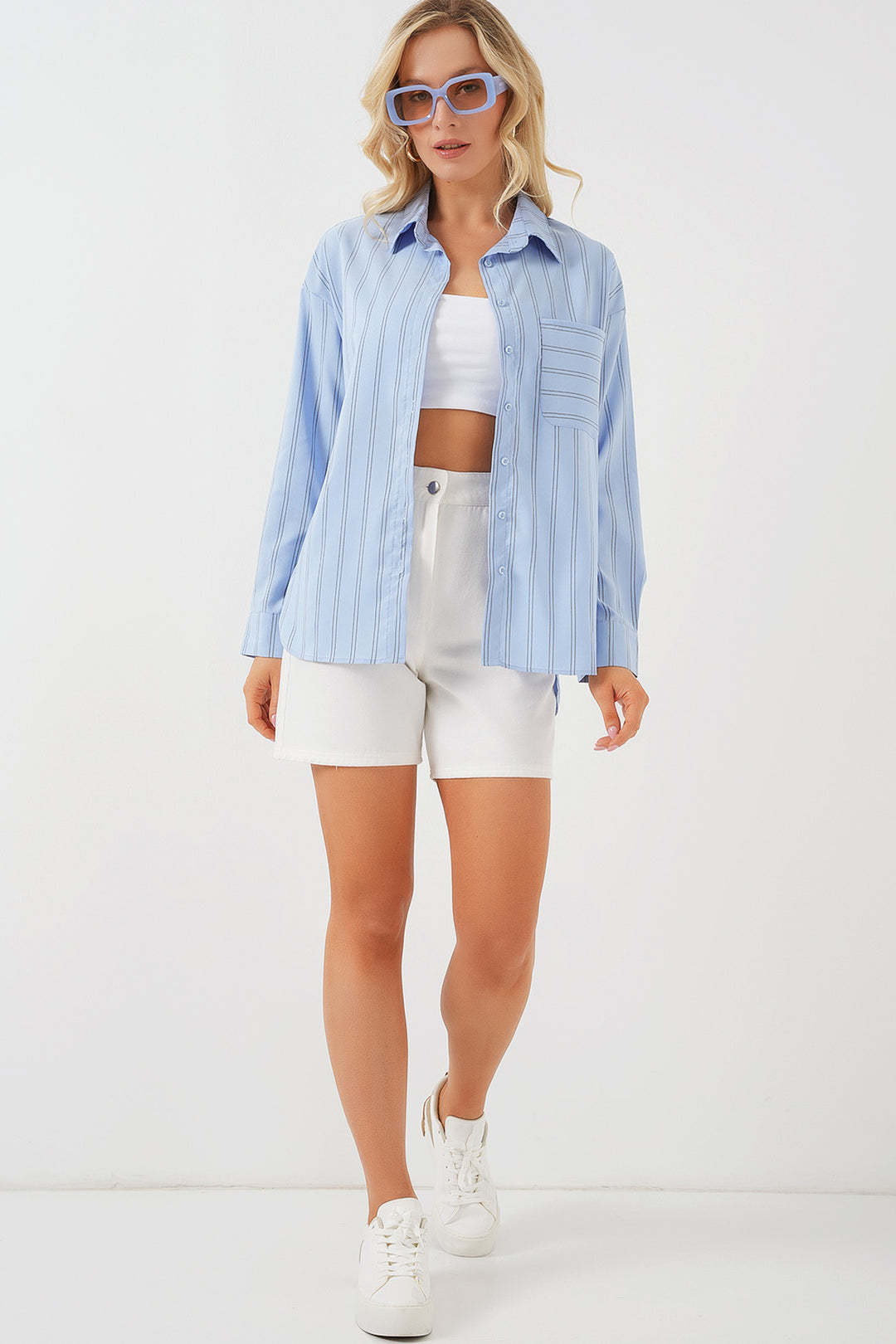 BGD Women Pocket Oversized Shirt - Blue - The Colony