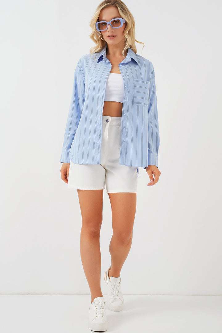BGD Women Pocket Oversized Shirt - Blue - The Colony