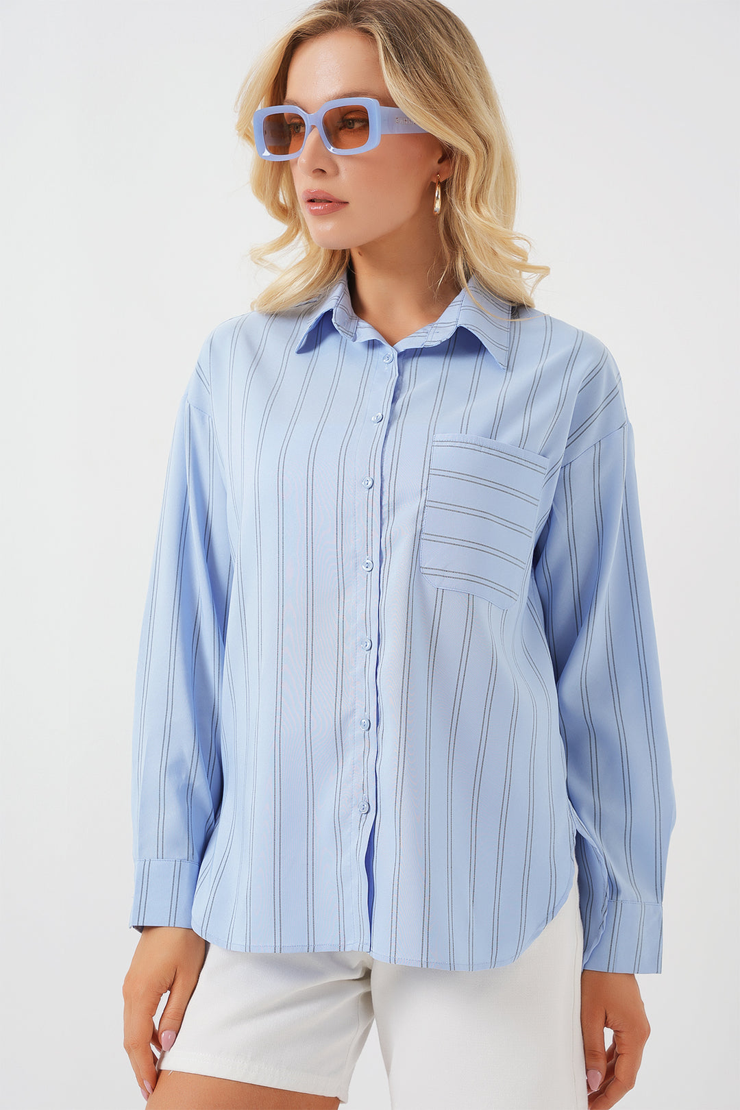 BGD Women Pocket Oversized Shirt - Blue - The Colony