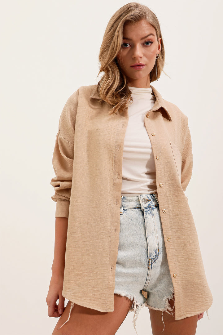 BGD Women Single Pocket Oversized Linen Shirt - Light Beige - Avondale