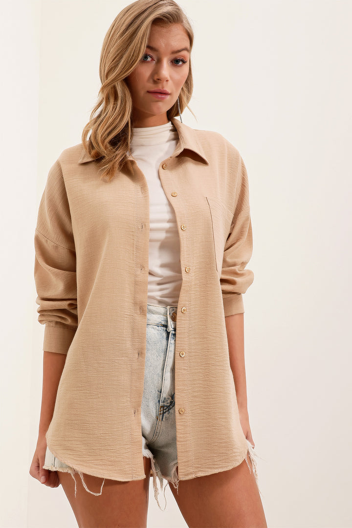 BGD Women Single Pocket Oversized Linen Shirt - Light Beige - Avondale