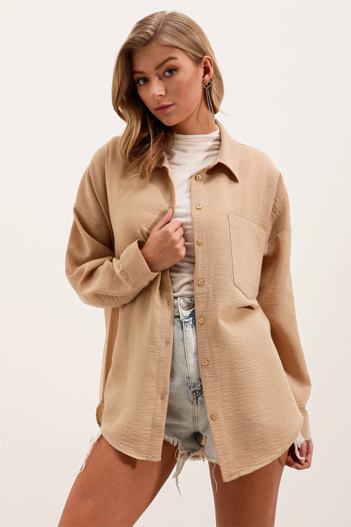 BGD Women Single Pocket Oversized Linen Shirt - Light Beige - Avondale