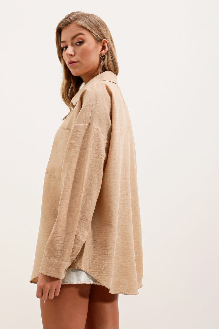 BGD Women Single Pocket Oversized Linen Shirt - Light Beige - Avondale