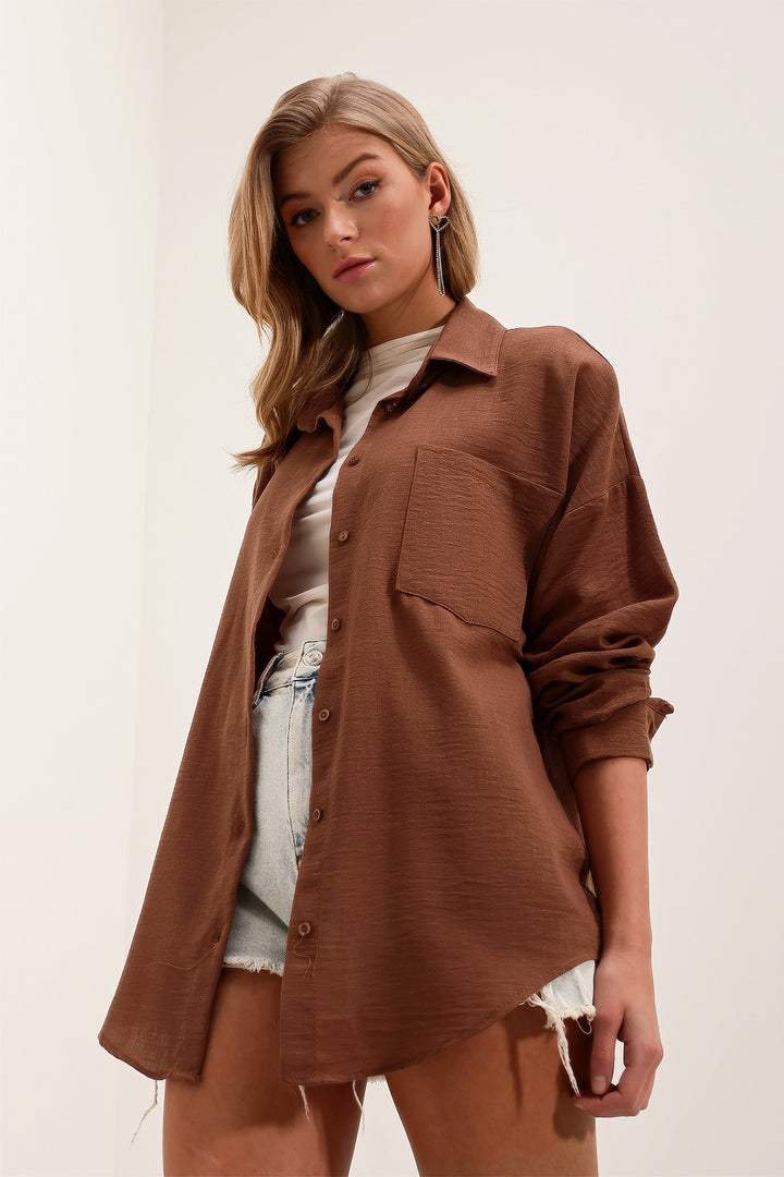 BGD Women Single Pocket Oversized Linen Shirt - Brown - Avondale
