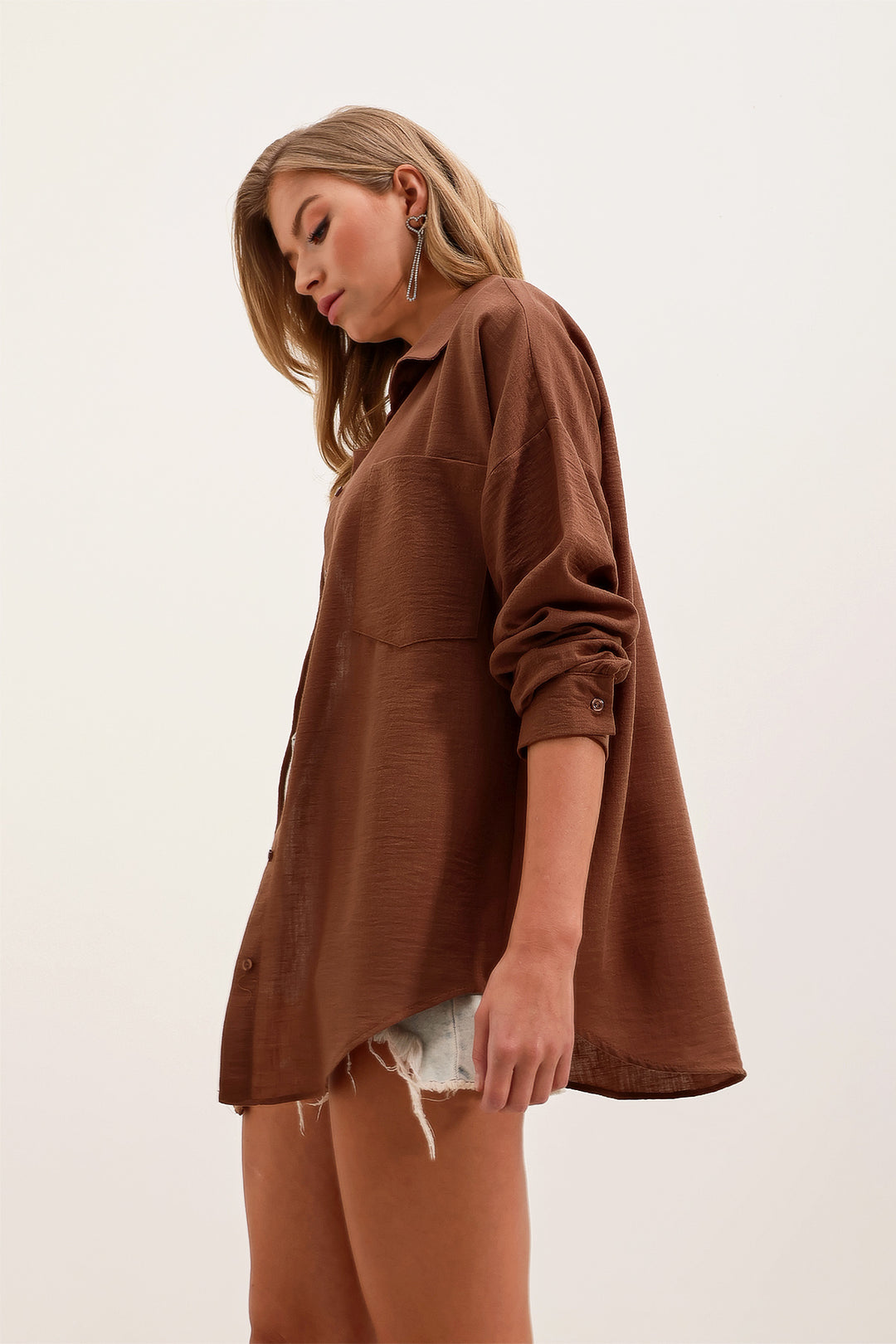 BGD Women Single Pocket Oversized Linen Shirt - Brown - Avondale