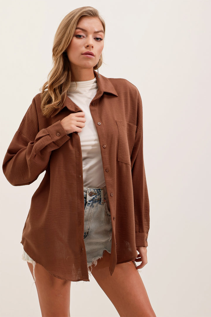 BGD Women Single Pocket Oversized Linen Shirt - Brown - Avondale