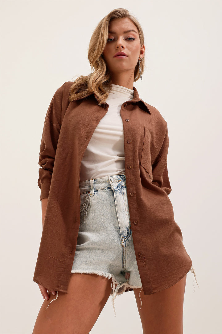 BGD Women Single Pocket Oversized Linen Shirt - Brown - Avondale