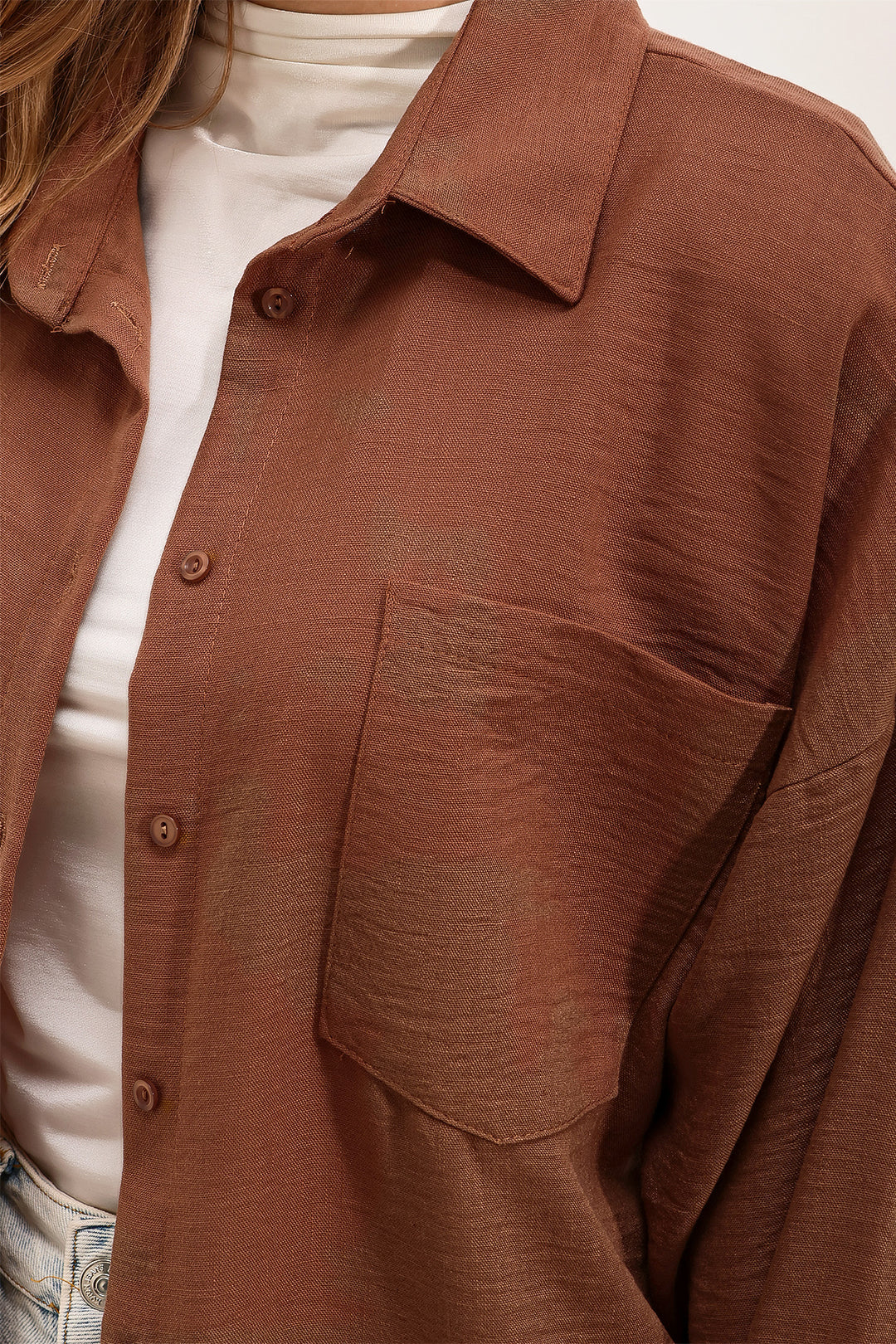 BGD Women Single Pocket Oversized Linen Shirt - Brown - Avondale