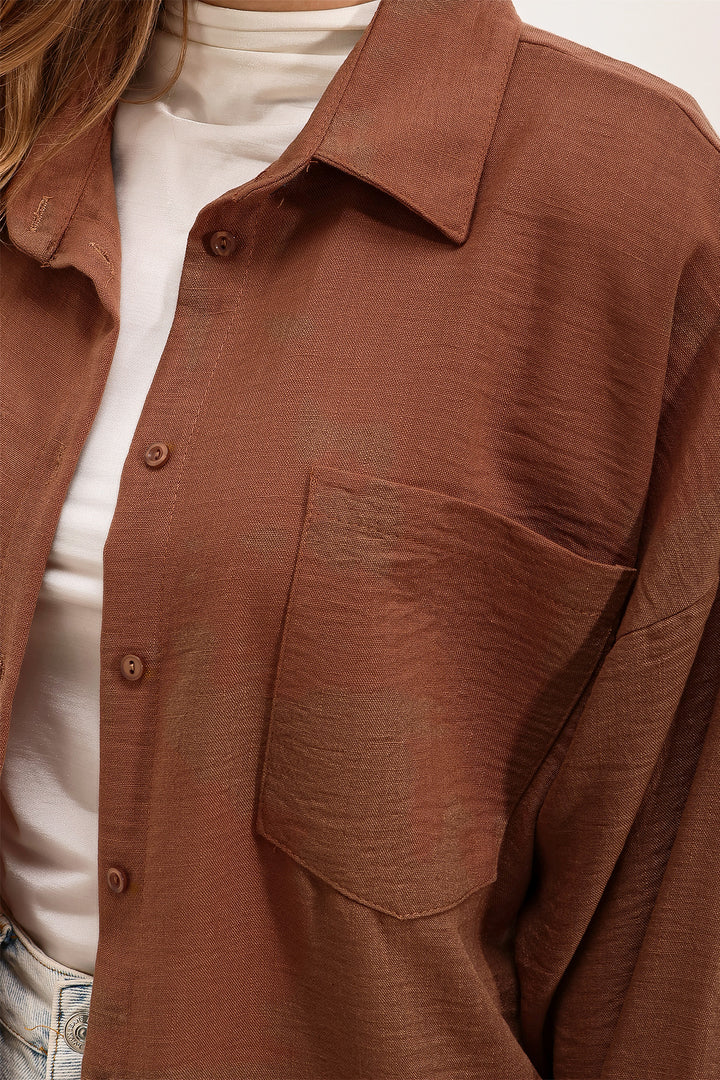 BGD Women Single Pocket Oversized Linen Shirt - Brown - Avondale