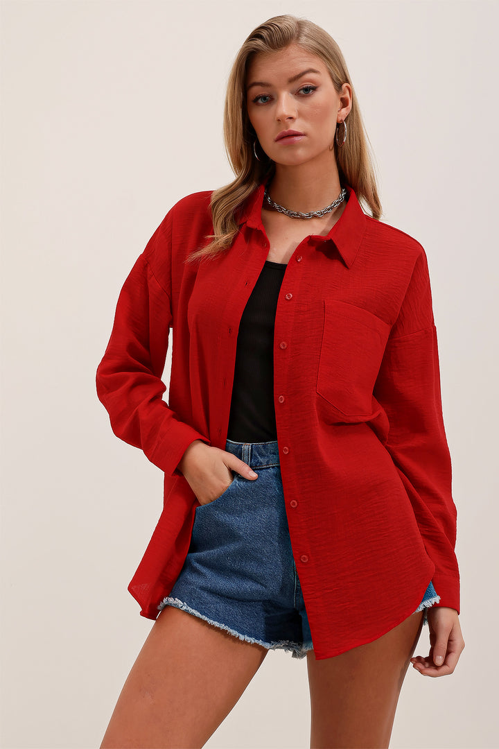 BGD Women Single Pocket Oversized Linen Shirt - Red - San Juan Capistrano