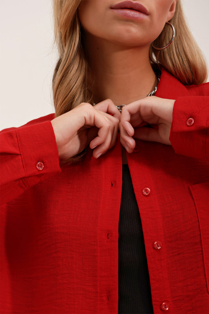 BGD Women Single Pocket Oversized Linen Shirt - Red - San Juan Capistrano