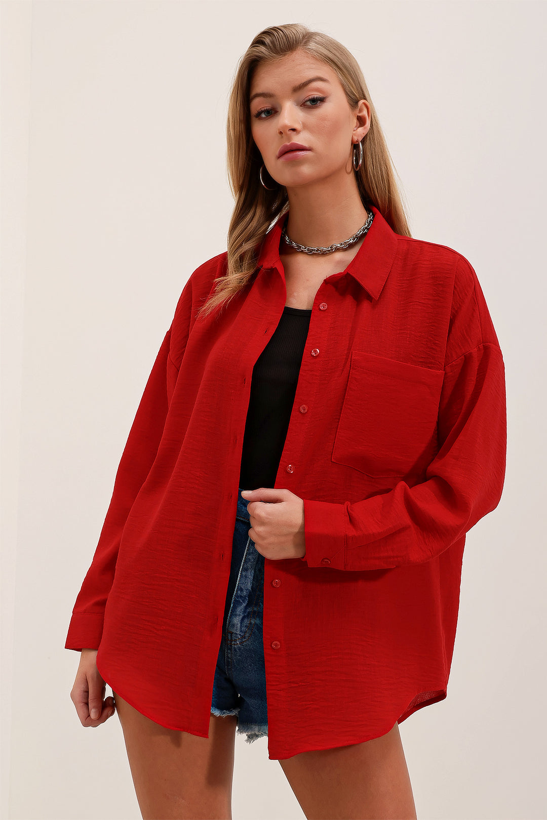 BGD Women Single Pocket Oversized Linen Shirt - Red - San Juan Capistrano