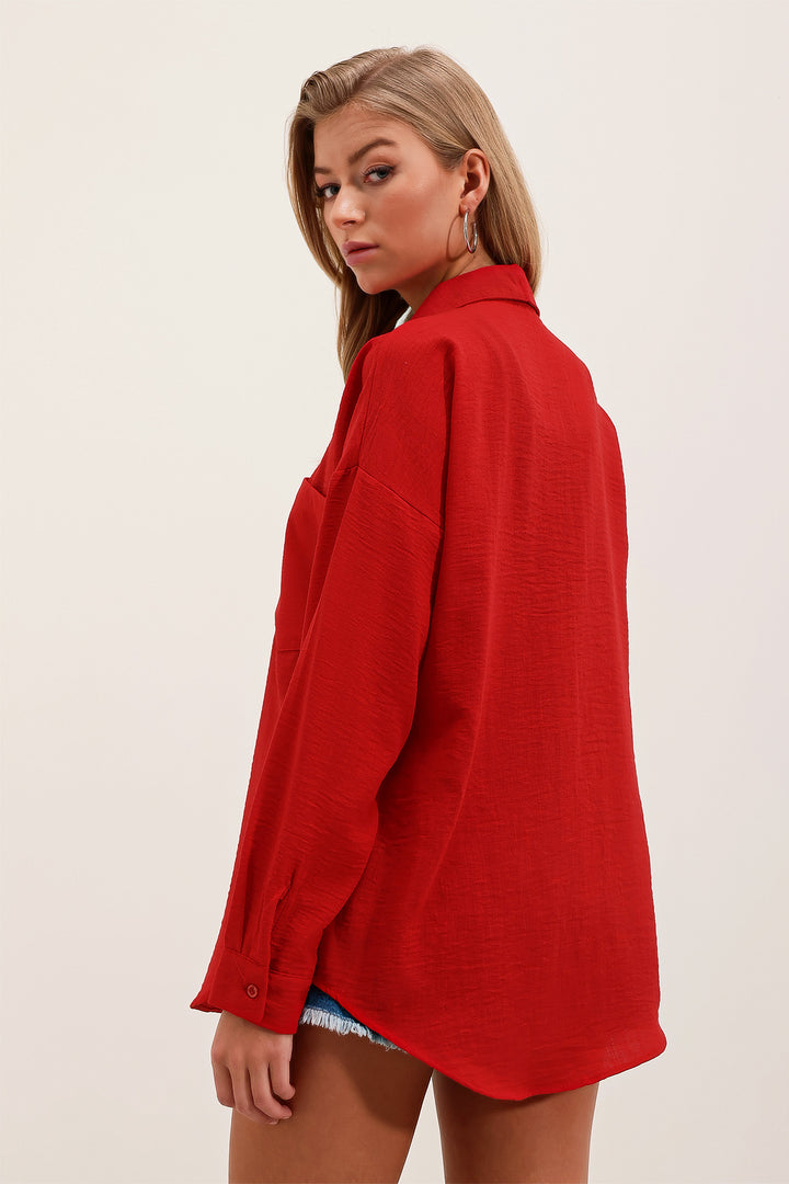 BGD Women Single Pocket Oversized Linen Shirt - Red - San Juan Capistrano