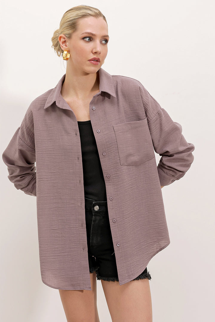BGD Women Tek Cepli Oversize Keten Gömlek - Koyu Lila - Walton upon Thames