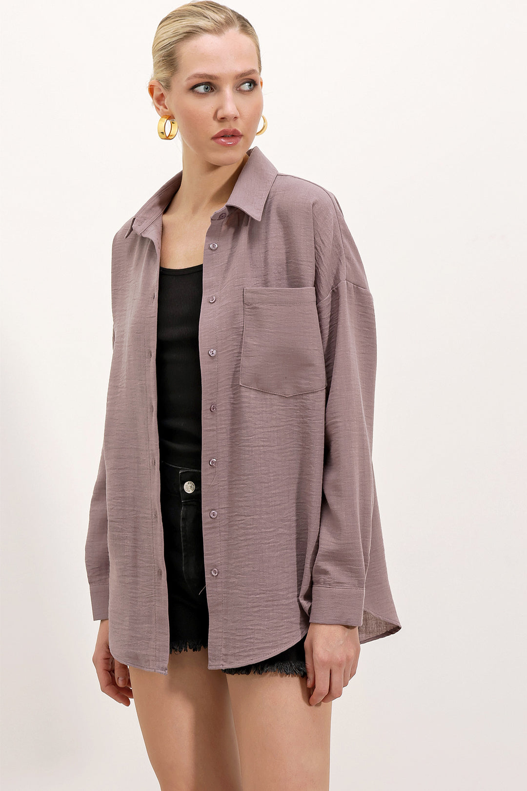 BGD Women Tek Cepli Oversize Keten Gömlek - Koyu Lila - Walton upon Thames
