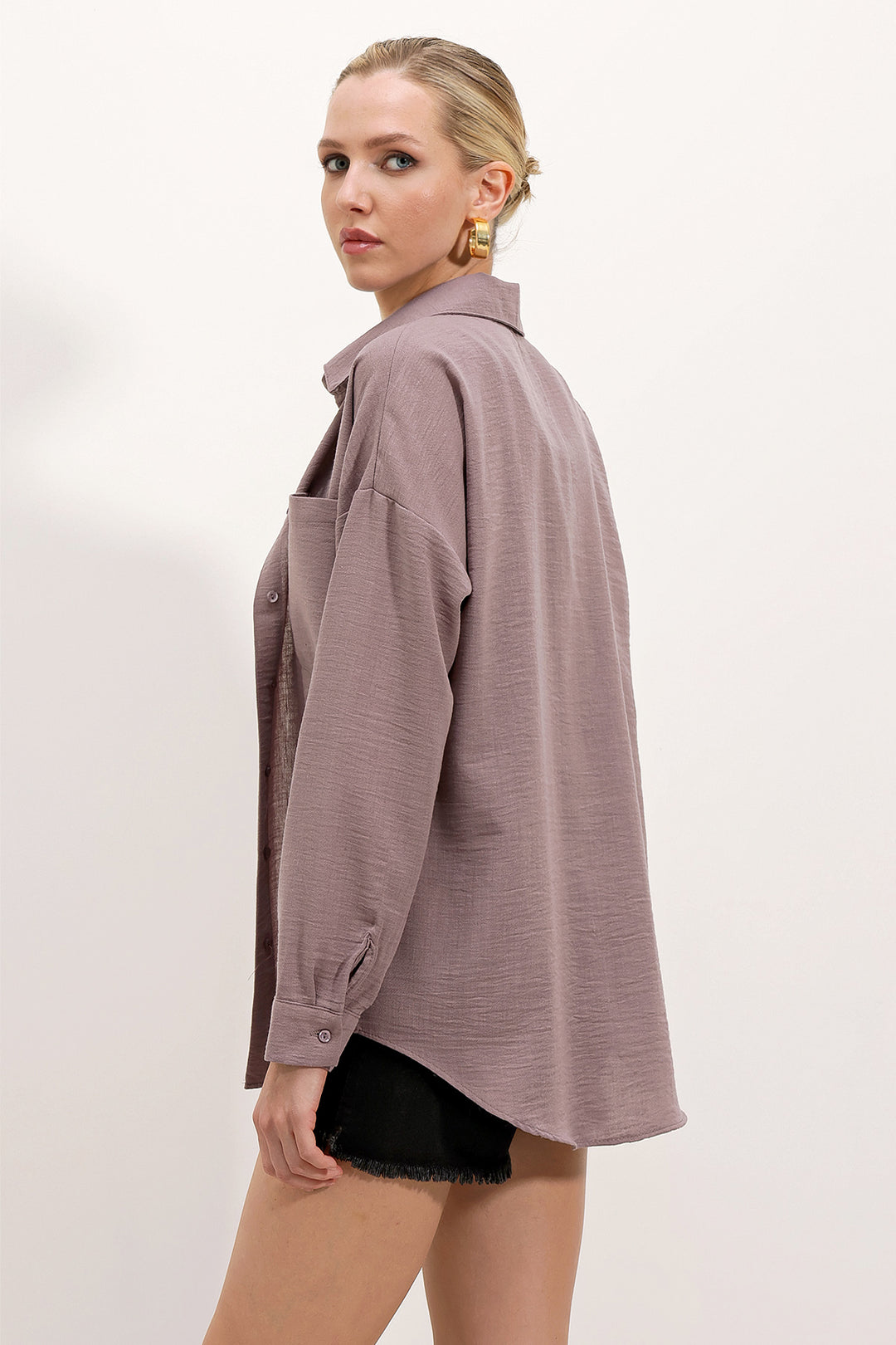 BGD Women Tek Cepli Oversize Keten Gömlek - Koyu Lila - Walton upon Thames