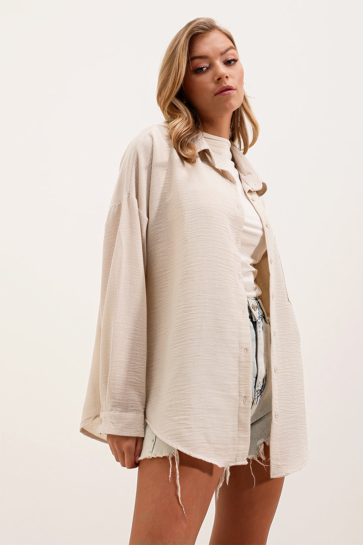 BGD Women Single Pocket Oversized Linen Shirt - Cream - Elyria