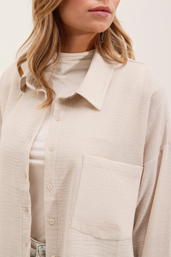 BGD Women Single Pocket Oversized Linen Shirt - Cream - Elyria