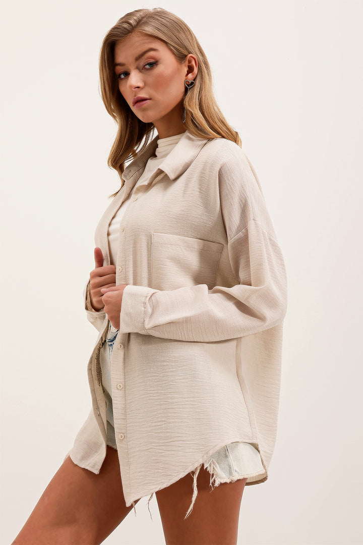 BGD Women Single Pocket Oversized Linen Shirt - Cream - Elyria