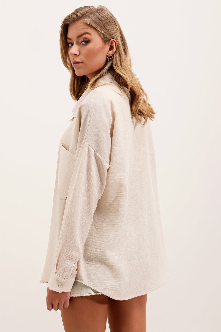 BGD Women Single Pocket Oversized Linen Shirt - Cream - Elyria