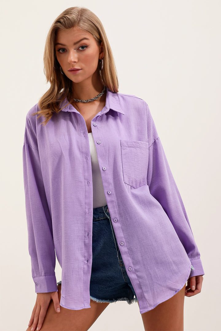 BGD Women Single Pocket Oversized Linen Shirt - Lilac - Mentor