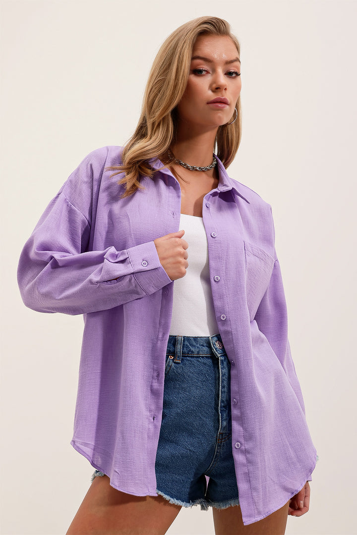 BGD Women Single Pocket Oversized Linen Shirt - Lilac - Mentor