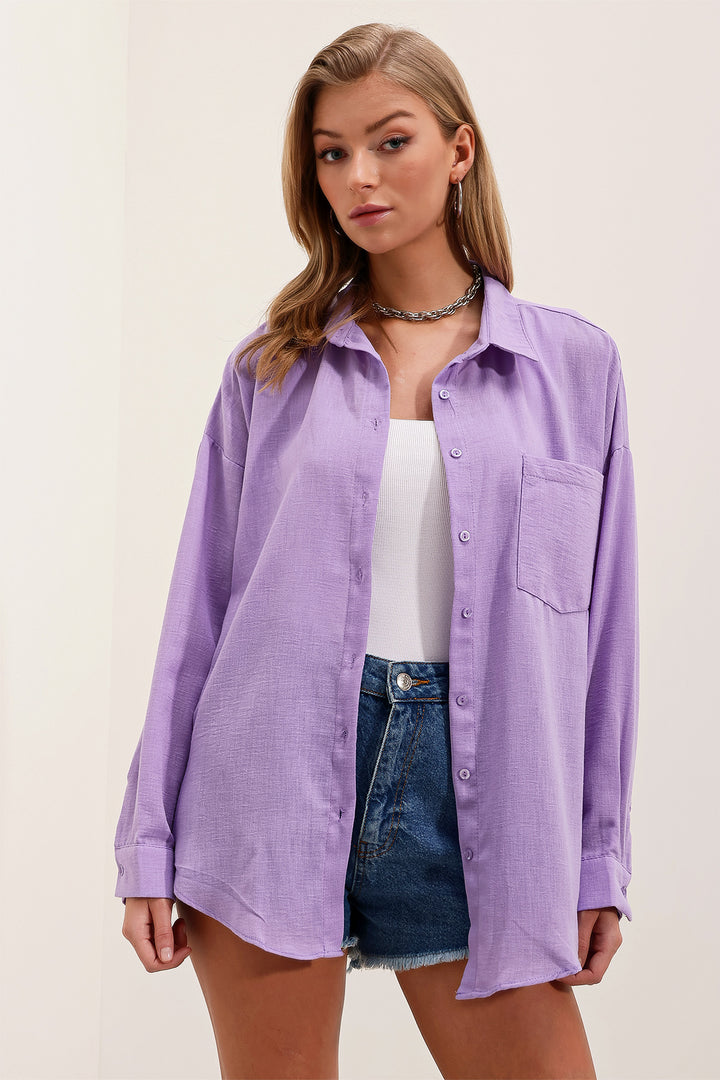 BGD Women Single Pocket Oversized Linen Shirt - Lilac - Mentor