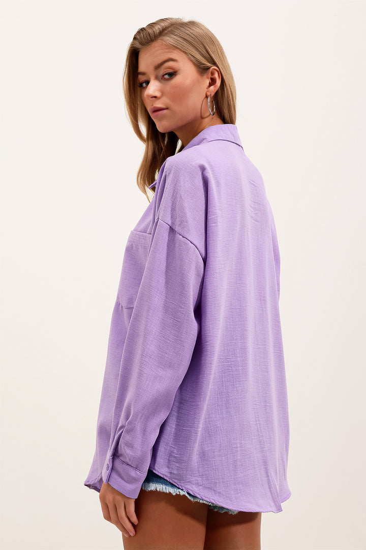 BGD Women Single Pocket Oversized Linen Shirt - Lilac - Mentor