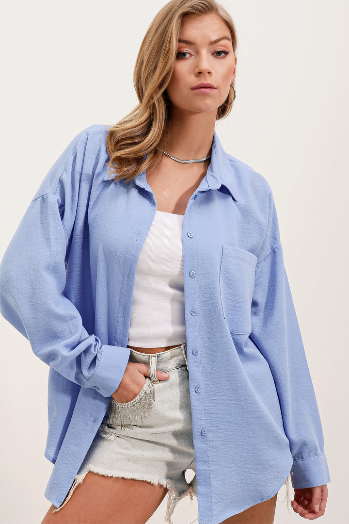 BGD Women Single Pocket Oversized Linen Shirt - Blue - Mount Vernon
