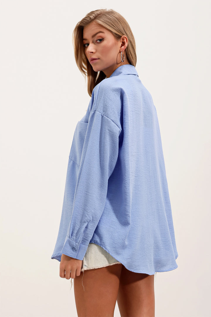 BGD Women Single Pocket Oversized Linen Shirt - Blue - Mount Vernon
