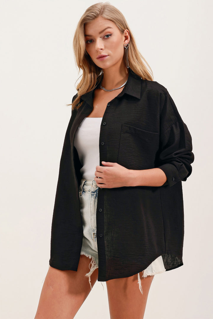 BGD Women Single Pocket Oversized Linen Shirt - Black - Arlington