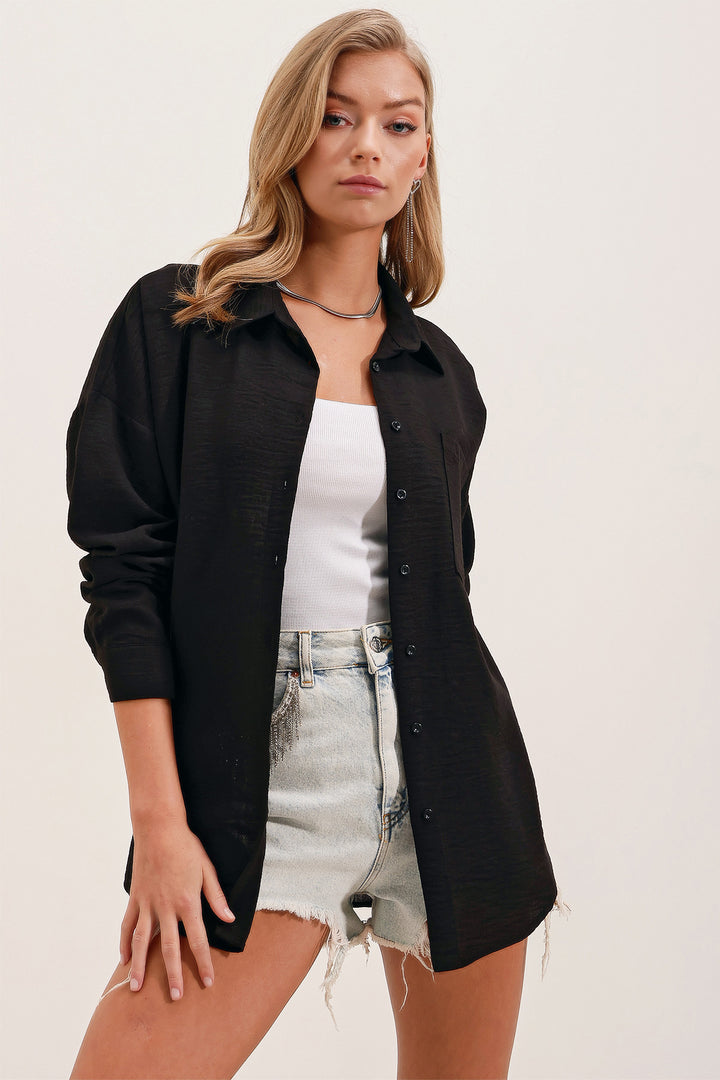 BGD Women Single Pocket Oversized Linen Shirt - Black - Arlington