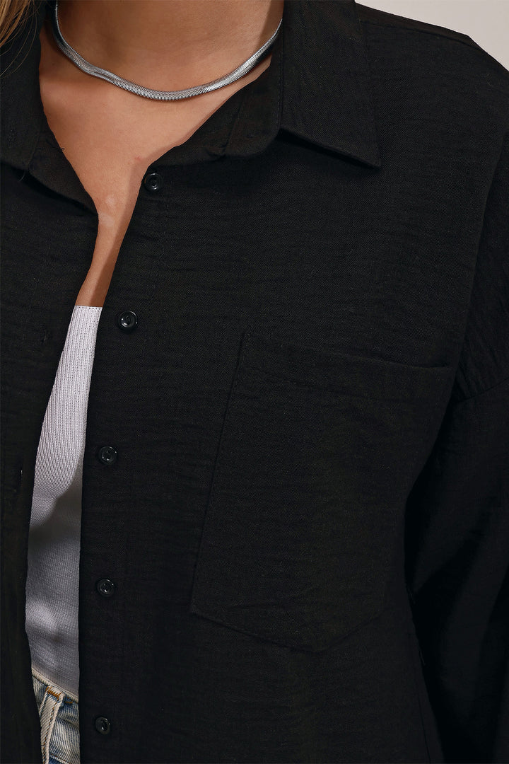 BGD Women Single Pocket Oversized Linen Shirt - Black - Arlington