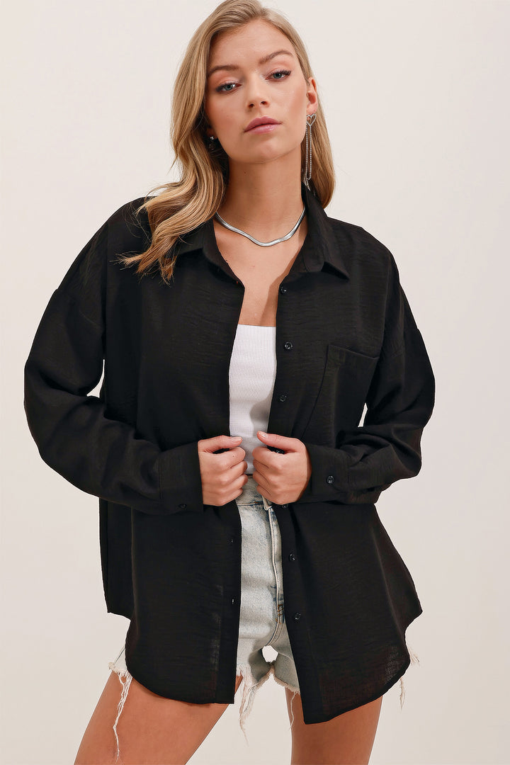 BGD Women Single Pocket Oversized Linen Shirt - Black - Arlington