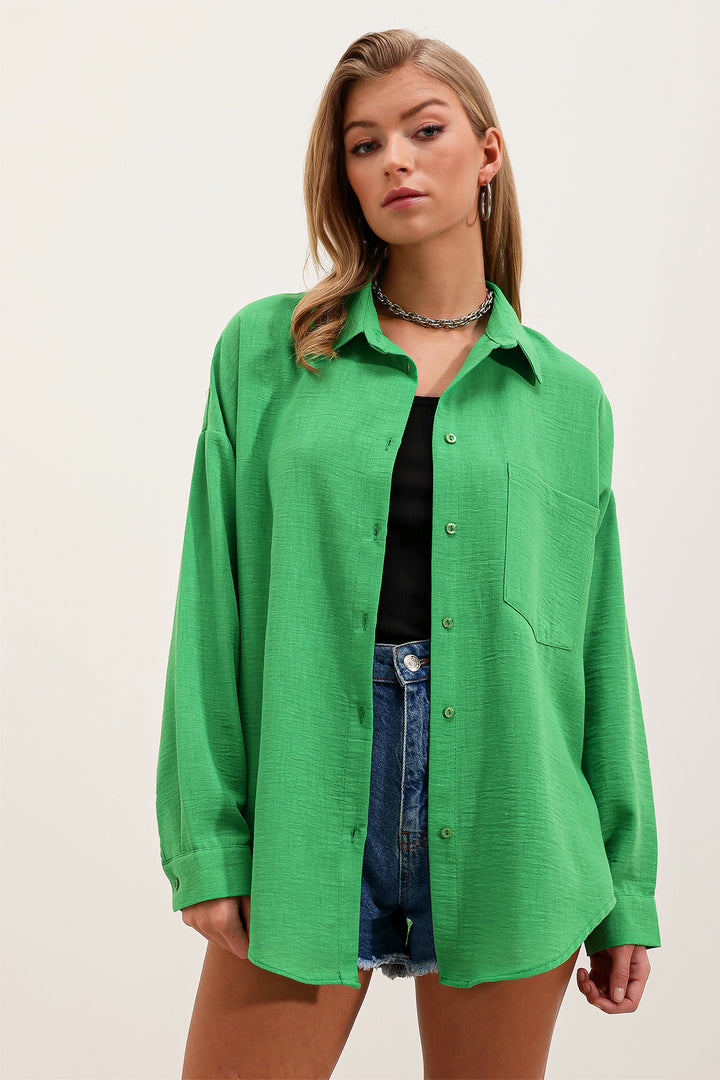 BGD Women Single Pocket Oversized Linen Shirt - Green - Avondale