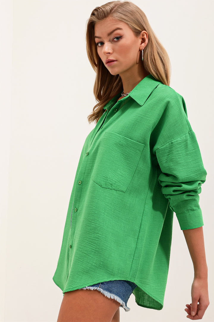 BGD Women Single Pocket Oversized Linen Shirt - Green - Avondale