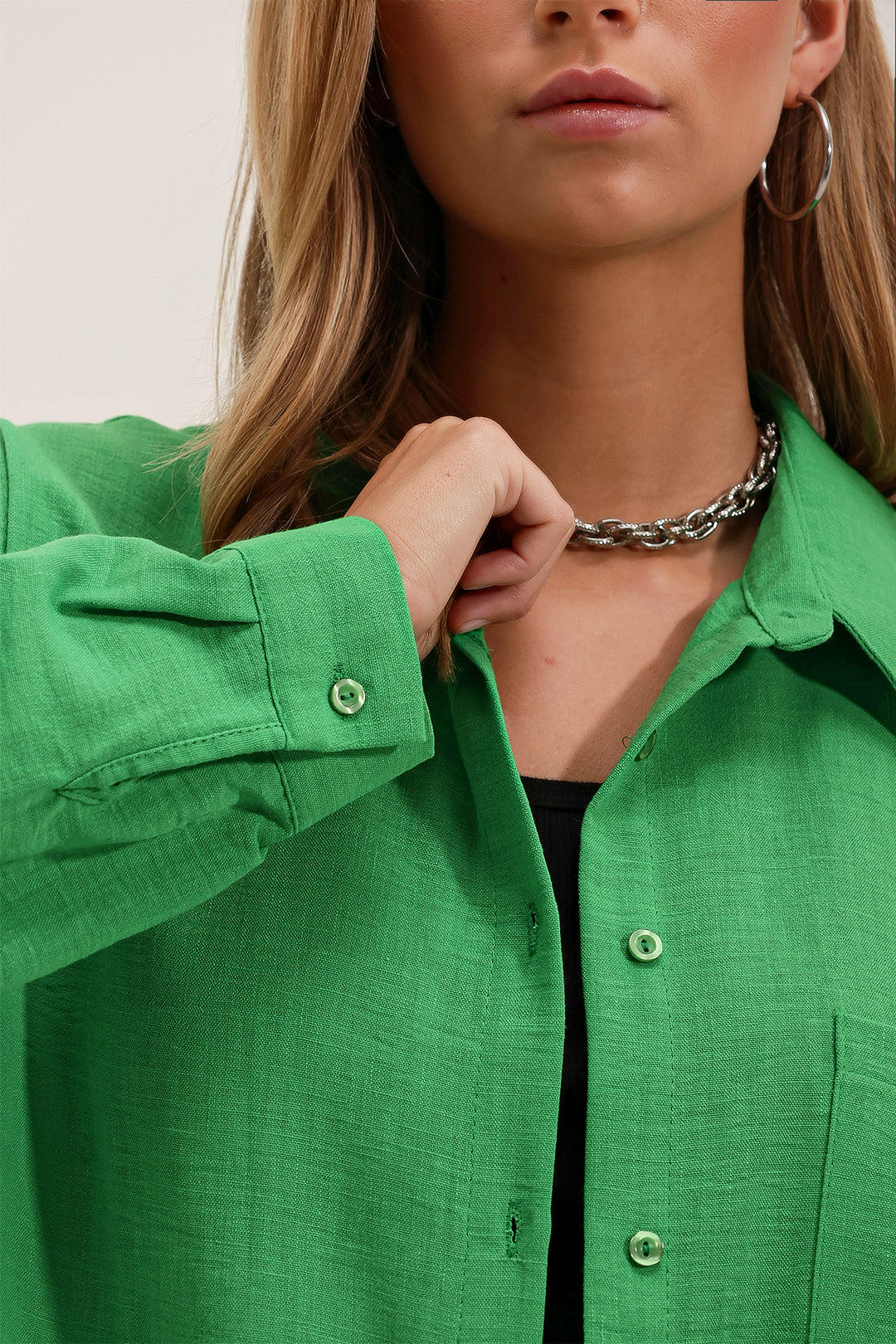 BGD Women Single Pocket Oversized Linen Shirt - Green - Avondale