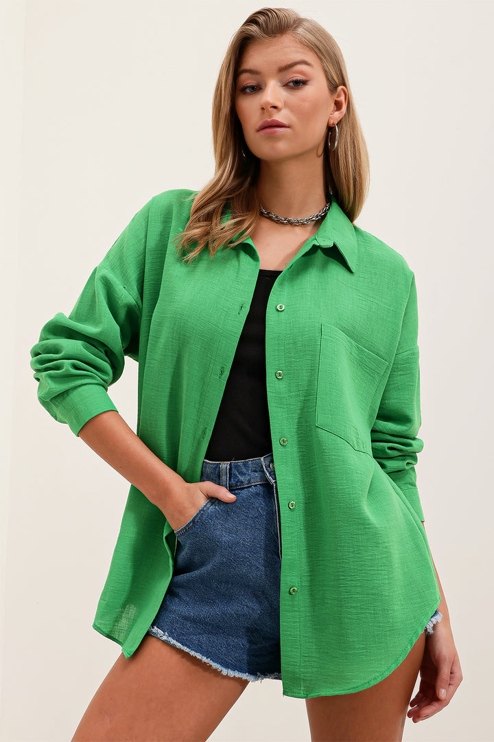 BGD Women Single Pocket Oversized Linen Shirt - Green - Avondale