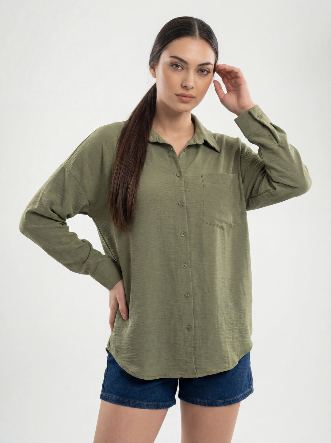 BGD Women Tek Cepli Oversize Keten Gömlek - A.Haki - Portici