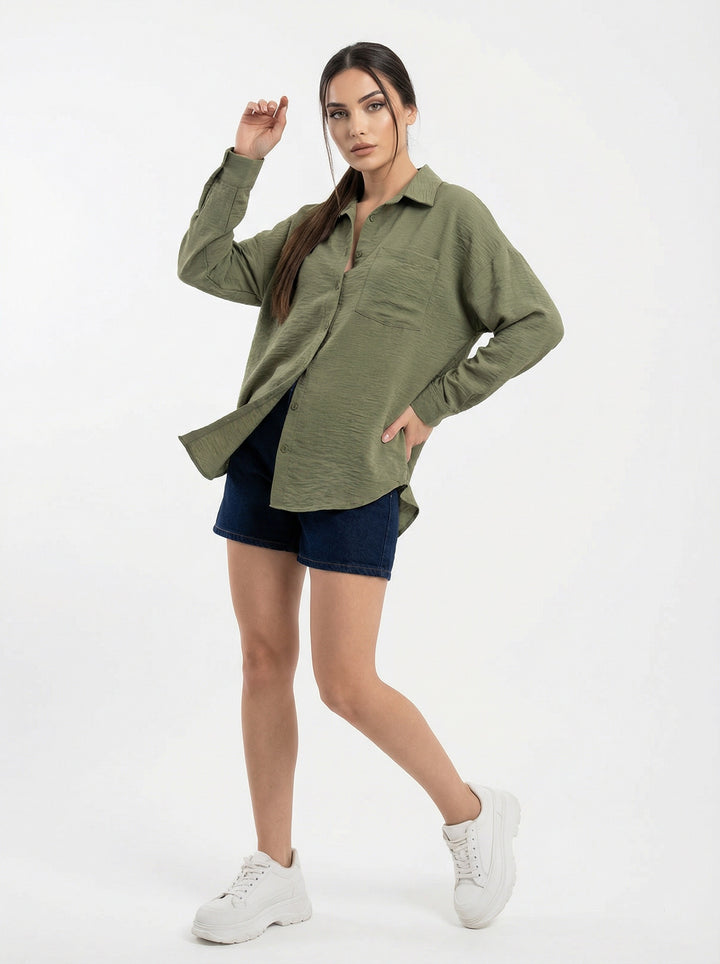 BGD Women Tek Cepli Oversize Keten Gömlek - A.Haki - Portici