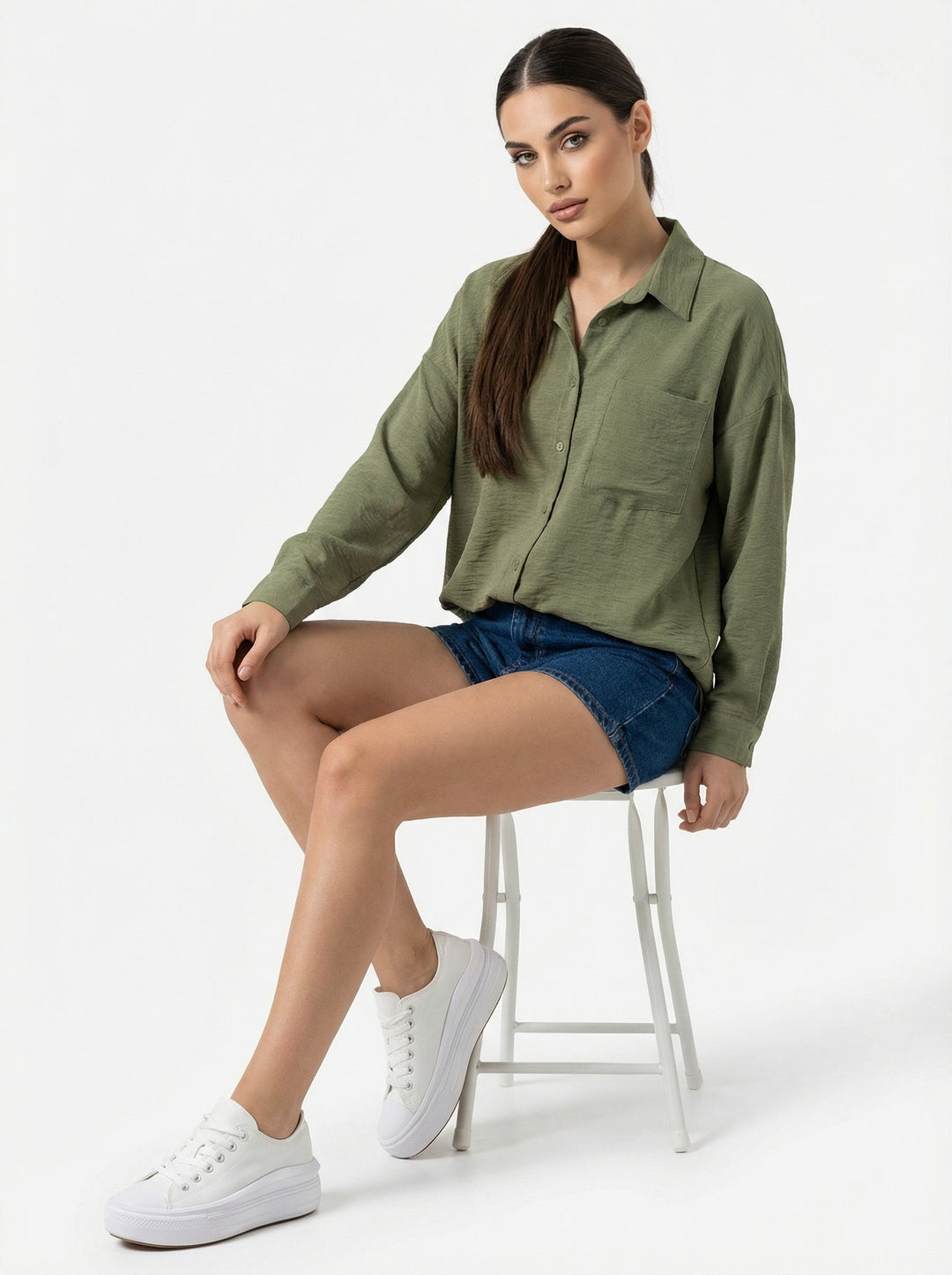 BGD Women Tek Cepli Oversize Keten Gömlek - A.Haki - Portici