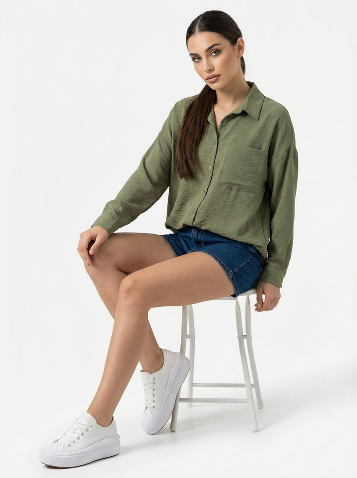 BGD Women Tek Cepli Oversize Keten Gömlek - A.Haki - Portici