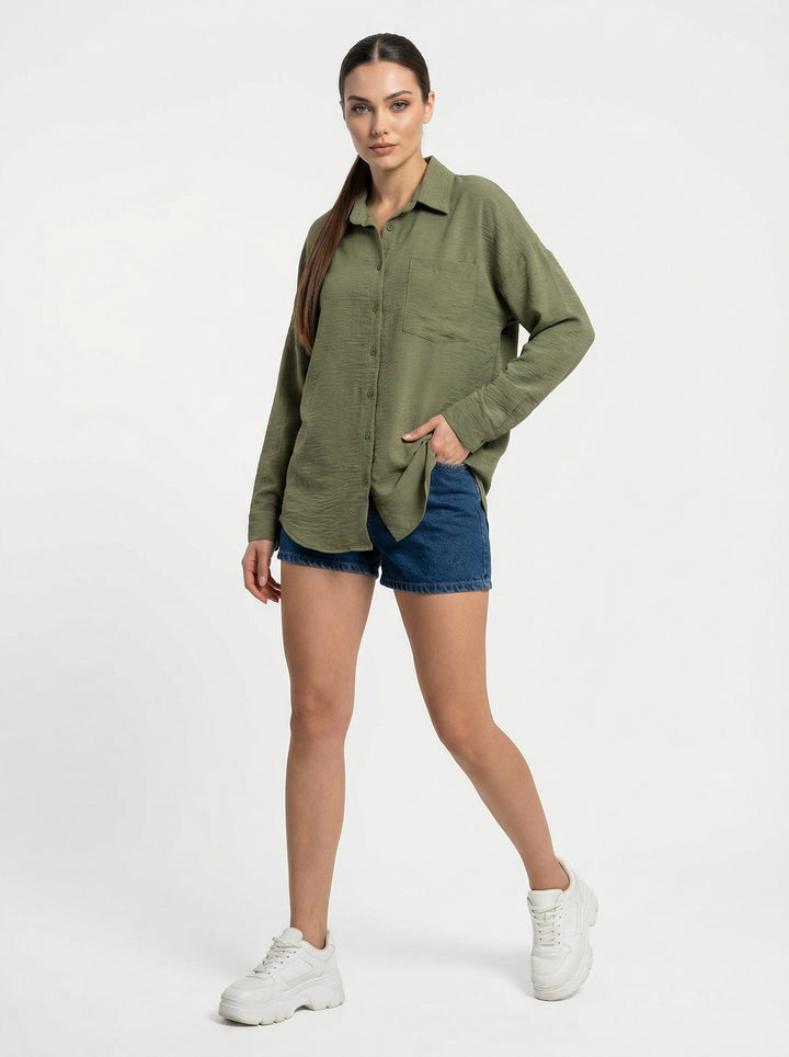 BGD Women Tek Cepli Oversize Keten Gömlek - A.Haki - Portici