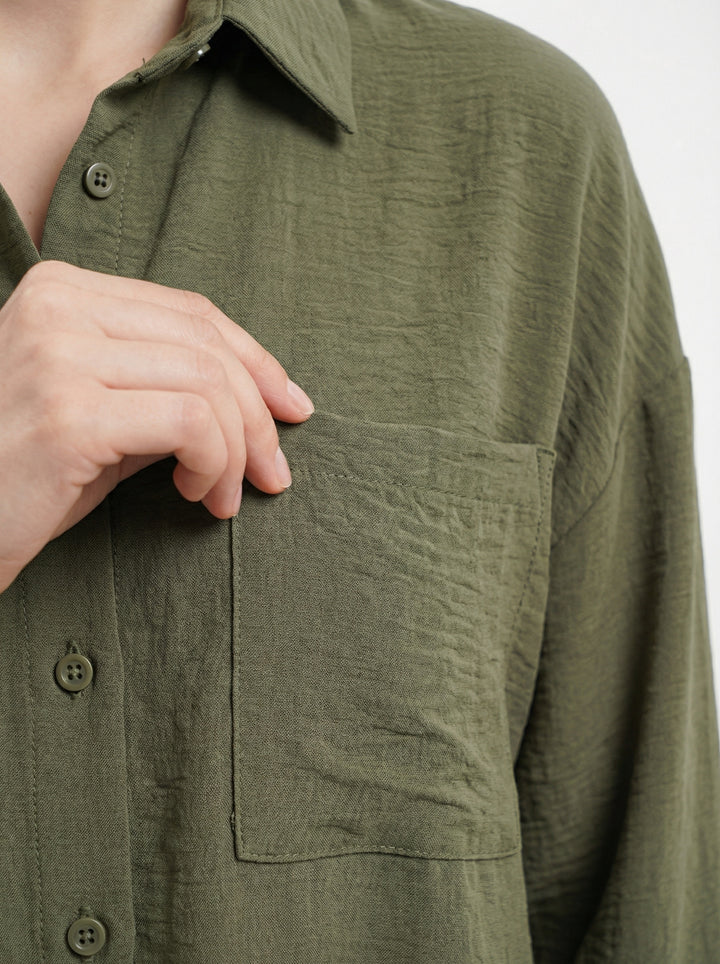 BGD Women Tek Cepli Oversize Keten Gömlek - A.Haki - Portici