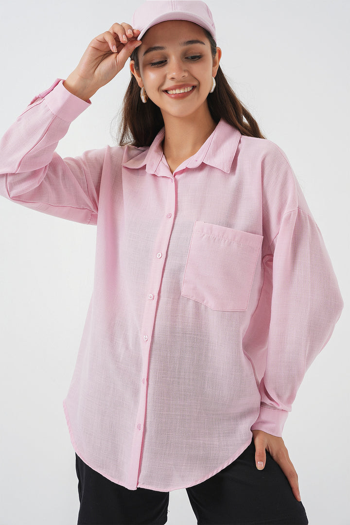 BGD Women Single Pocket Oversized Linen Shirt - A.Pink - Oro Valley
