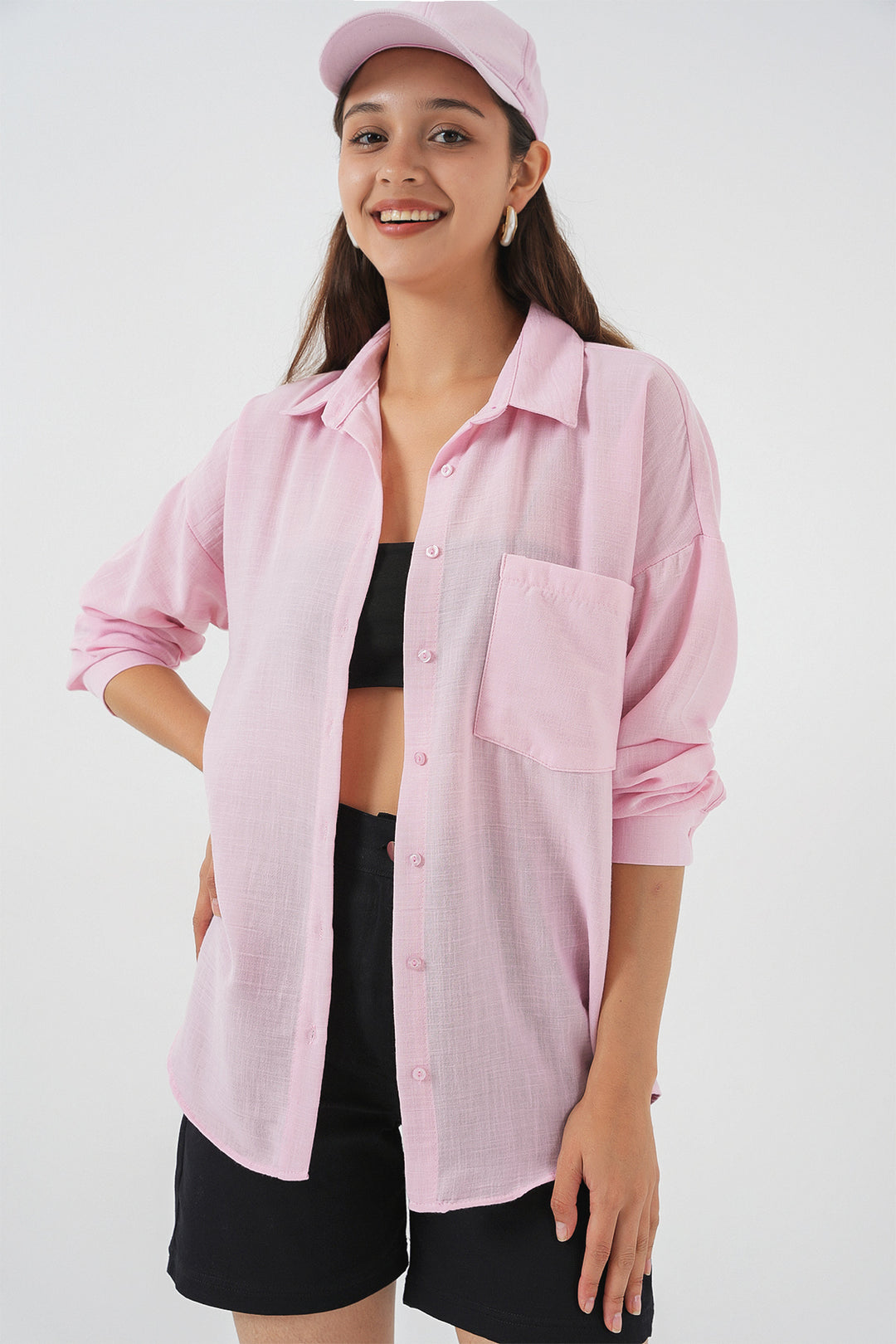 BGD Women Single Pocket Oversized Linen Shirt - A.Pink - Oro Valley
