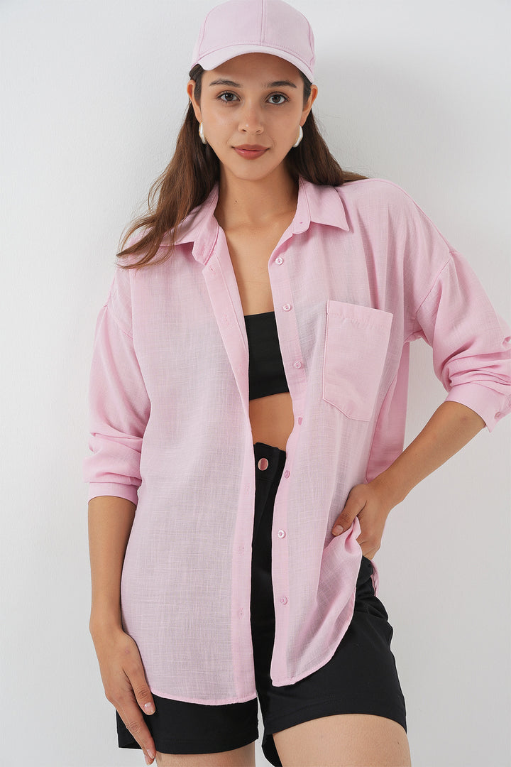 BGD Women Single Pocket Oversized Linen Shirt - A.Pink - Oro Valley