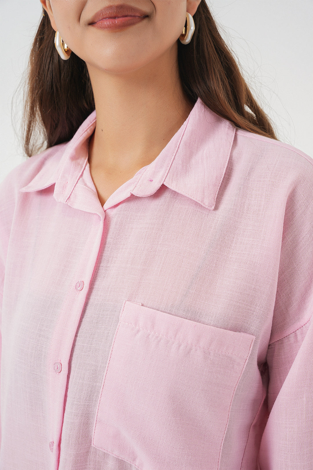BGD Women Single Pocket Oversized Linen Shirt - A.Pink - Oro Valley