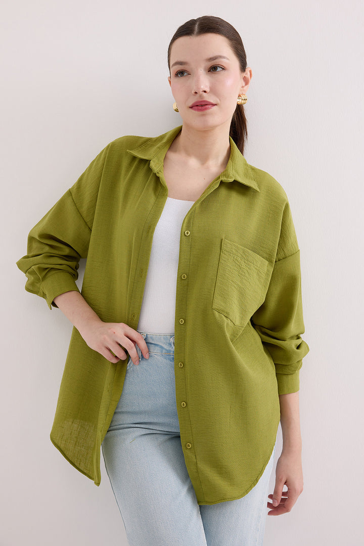 BGD Women Single Pocket Oversized Linen Shirt - Olive Green - Bethlehem